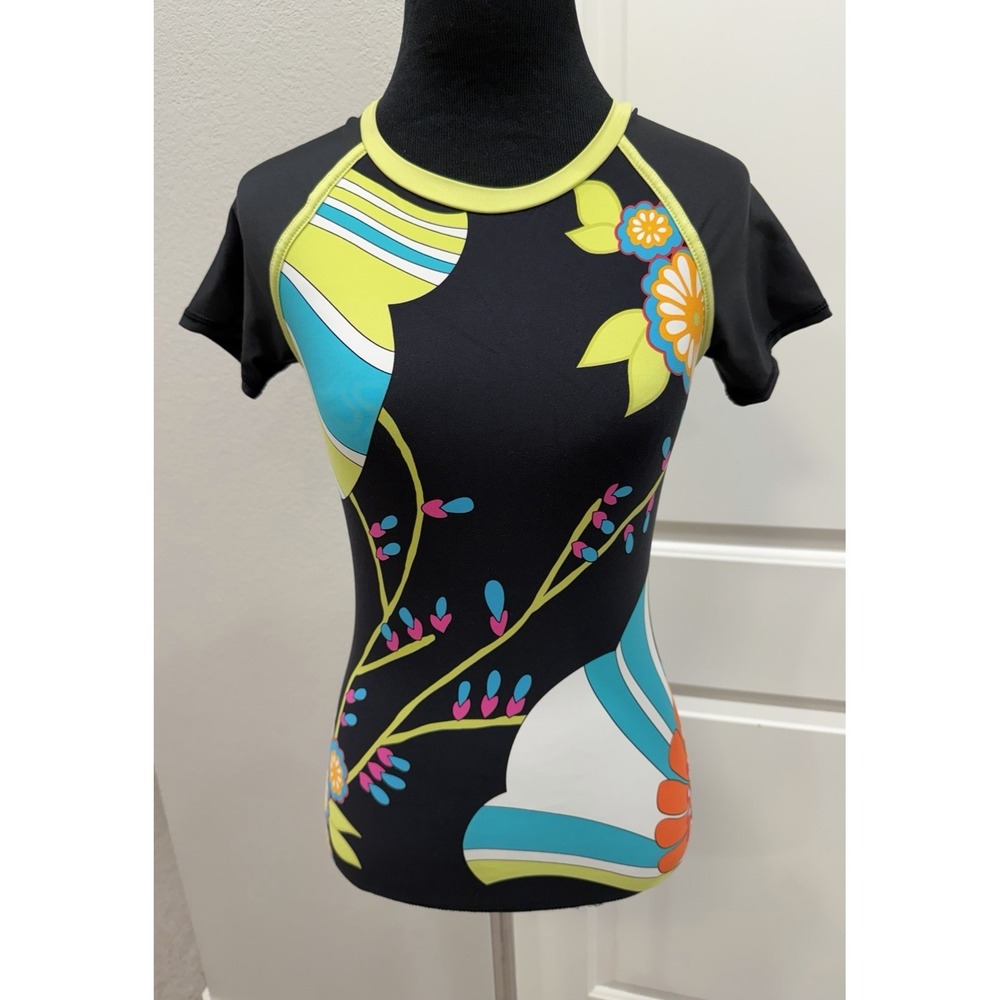 Womens XS Trina Turk Swim Shirt Floral Rash Guard Coverup Fuji Fans Surf Top